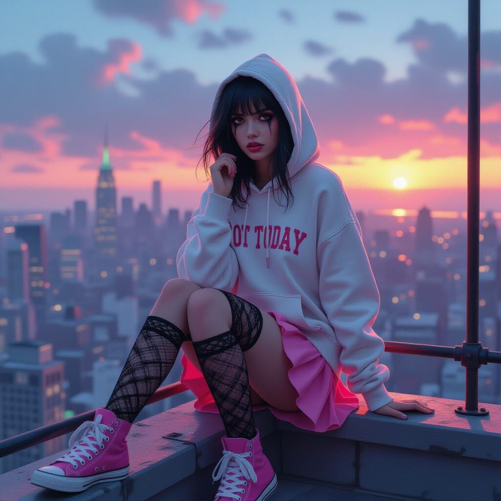 Emo Girl Crying on Fire Escape in Digital Painting