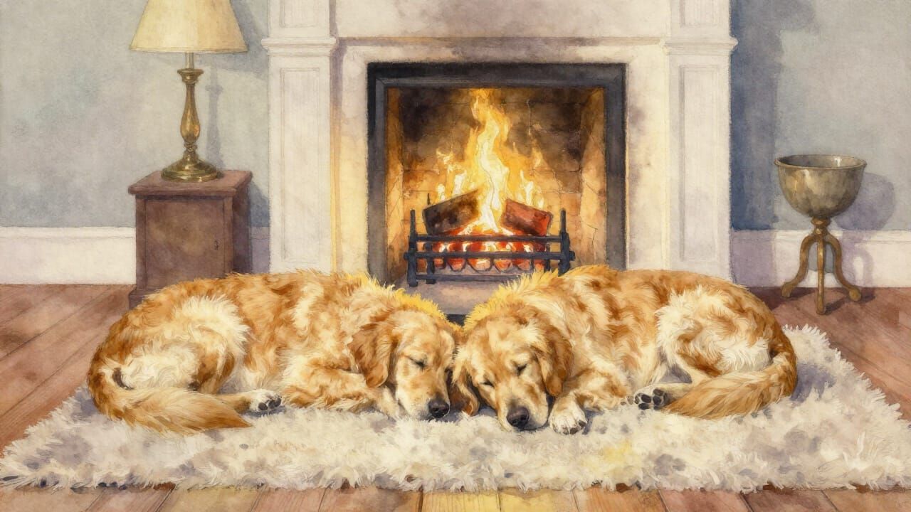 Cozy Watercolor Painting of Sleeping Golden Retrievers