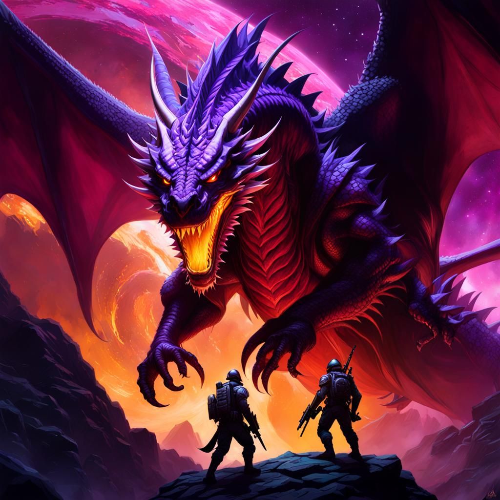 Soldier Versus Space Dragon in Dark Fantasy Style