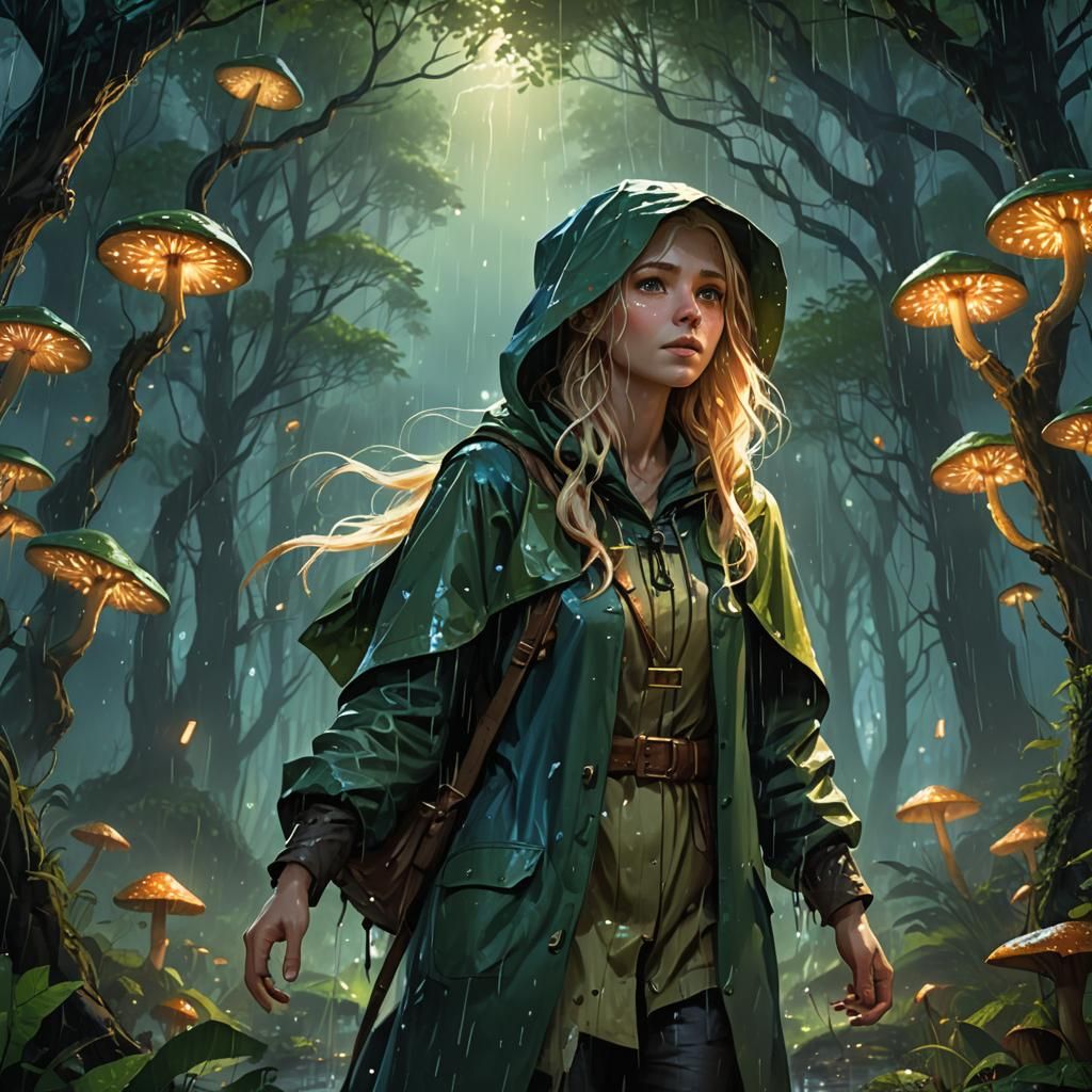 Elven Girl in Raincoat in Mystical Forest