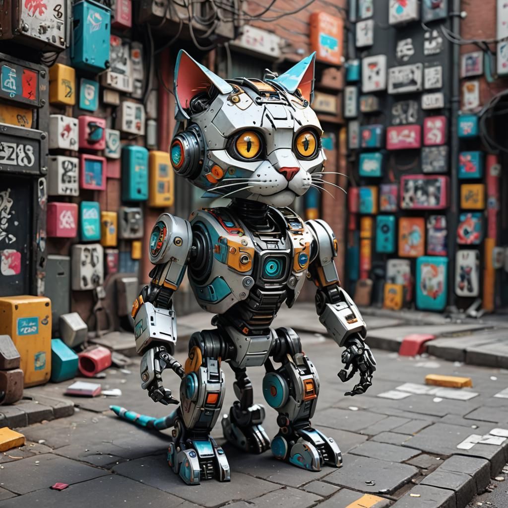 Gato estilo robot ciber, que va por la calle de ciberpunk, m...