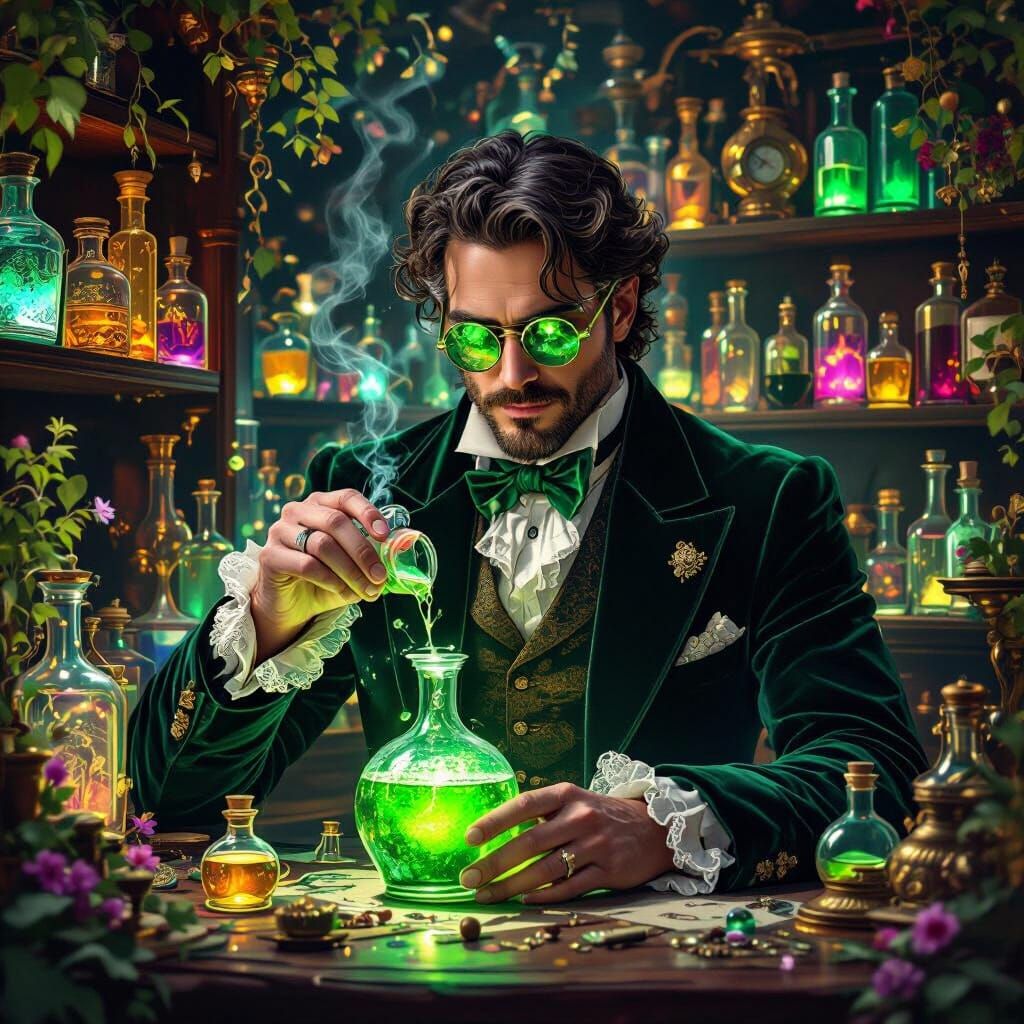 Victorian Apothecary: Green Potion in Abstract Oil Painting