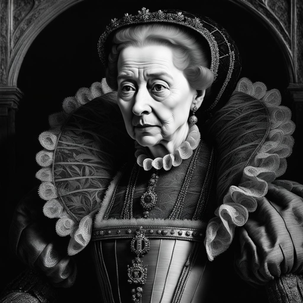 Queen Elizabeth I: Grayscale Portrait in Woodcut Style