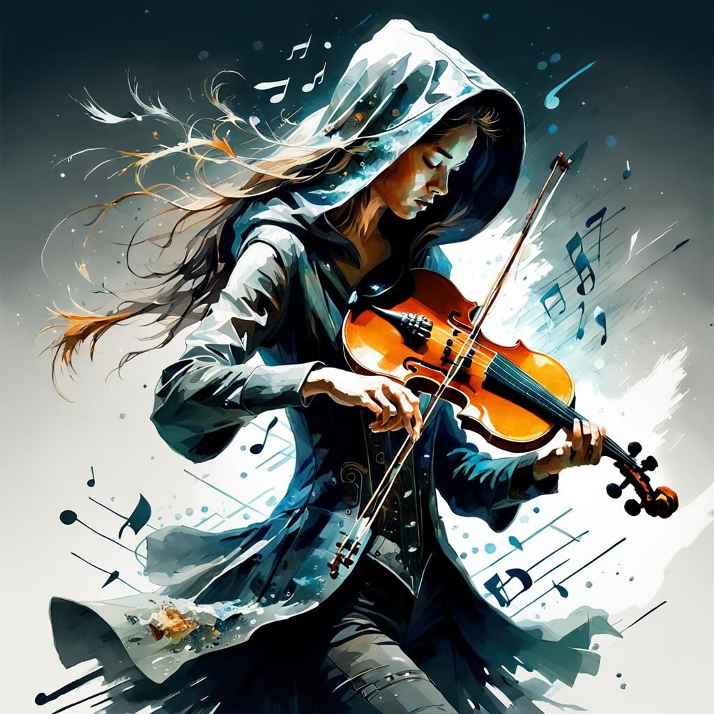 Hooded Violinist in Digital Double Exposure