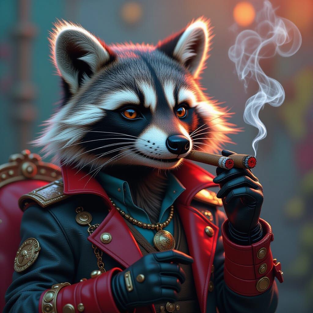 Steampunk Raccoon in Red Boots Smoking Cigar
