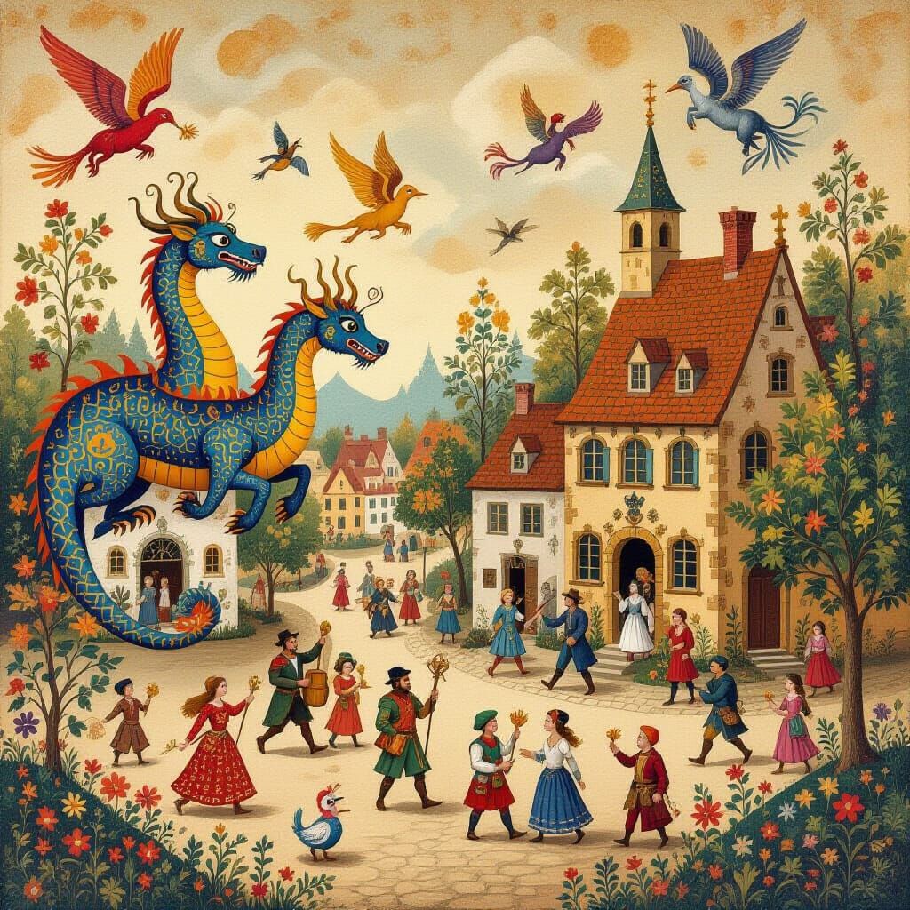 Mythical Creatures in Folk Art Style Illustration