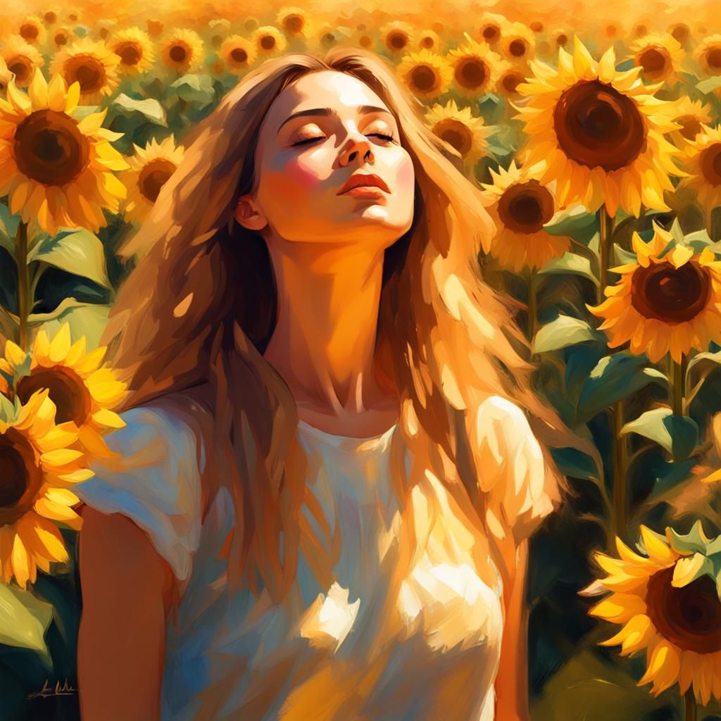 A sun-drenched girl alluring attractive filled with sunflowers stretching towards the sky.