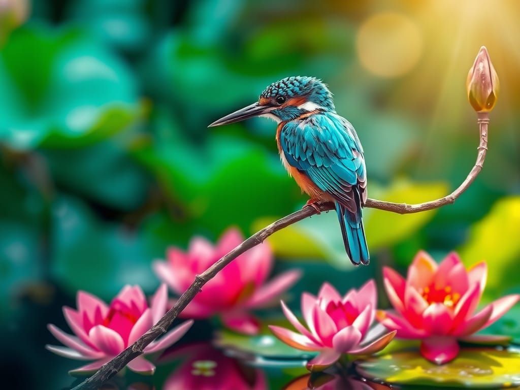 Turquoise Kingfisher Amidst Dreamy Water Lilies in Soft Wate...
