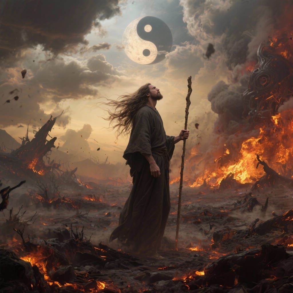 Man in Apocalyptic Landscape with Hopeful Sky