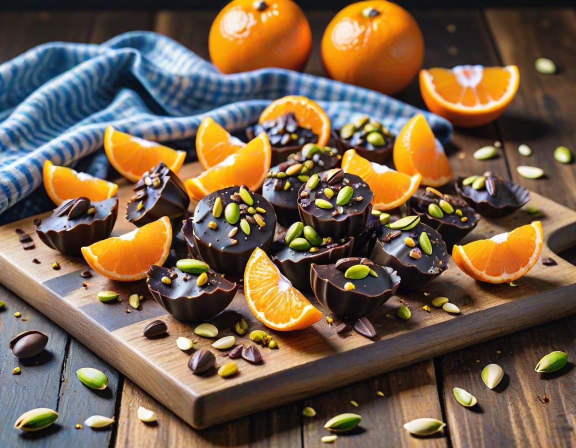 Rich Chocolate Dipped Mandarin Oranges with Pistachios on Wo...