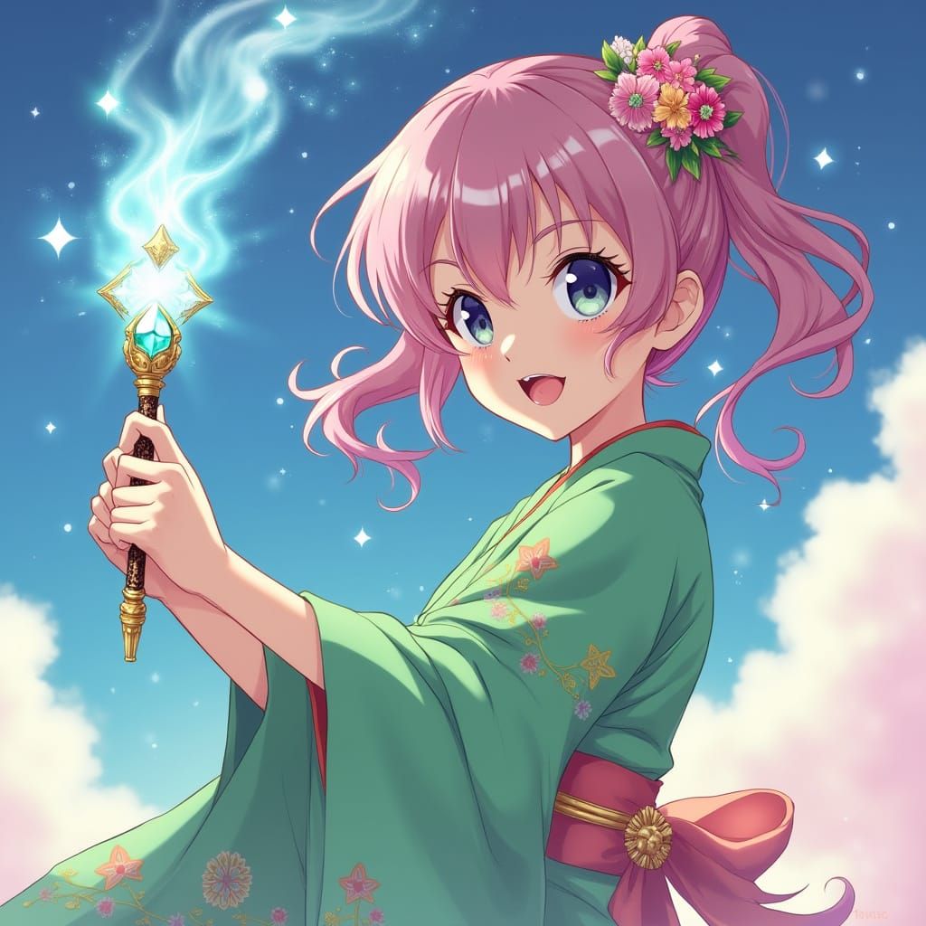 Anime Magical Girl in Green Kimono with Magic Wand