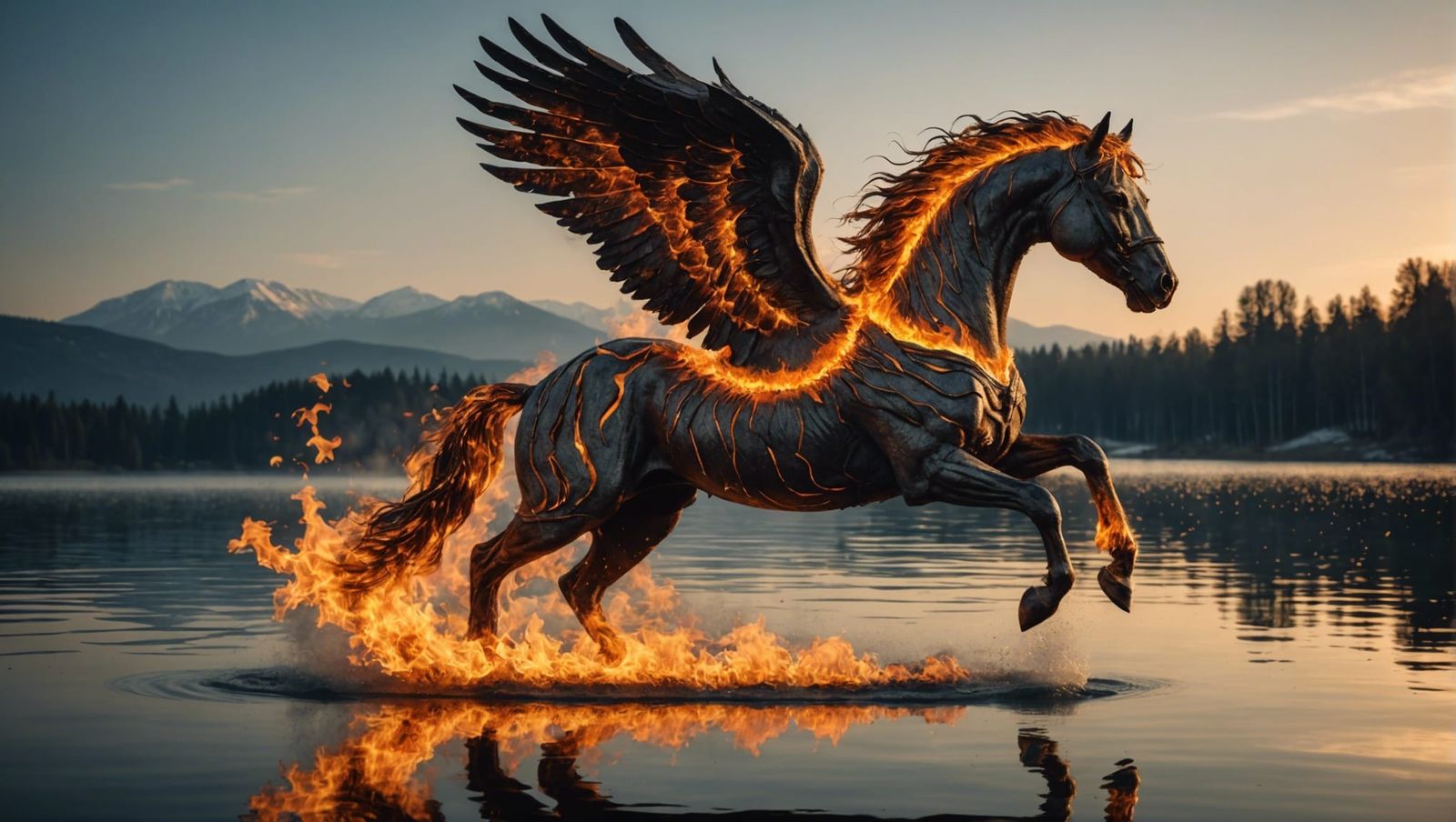 Fiery Winged Horse Soaring Above Reflective Lake