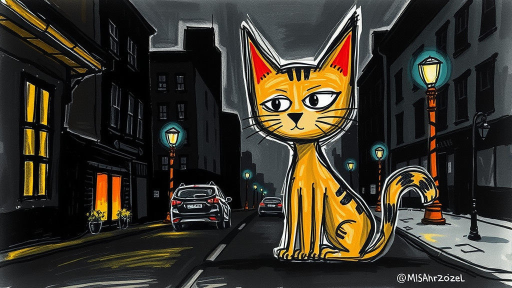 Whimsical Feline Figure Against Dark Cityscape