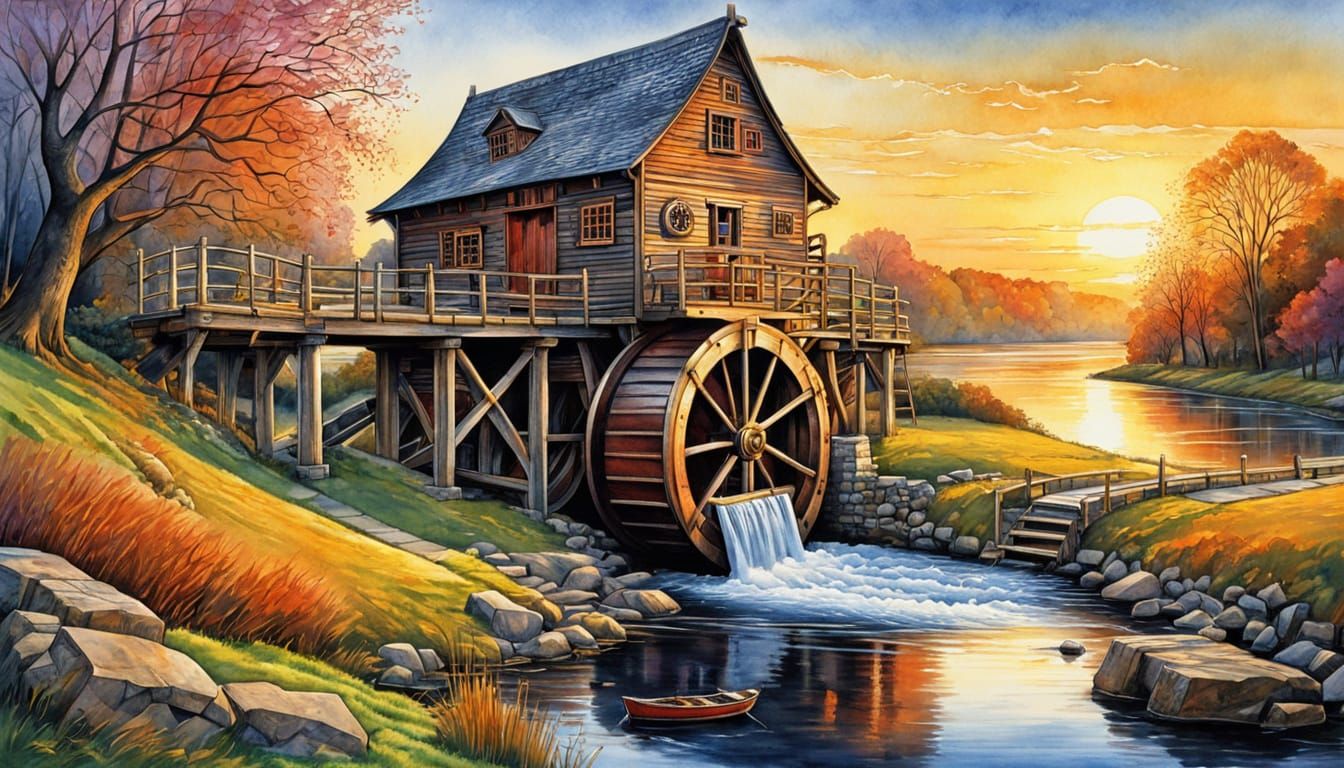 Dramatic Sunrise River Landscape in Stylized Cubist Art