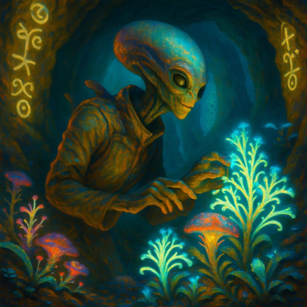 Alien Botanist Tends Glowing Flora in Ancient Cavern