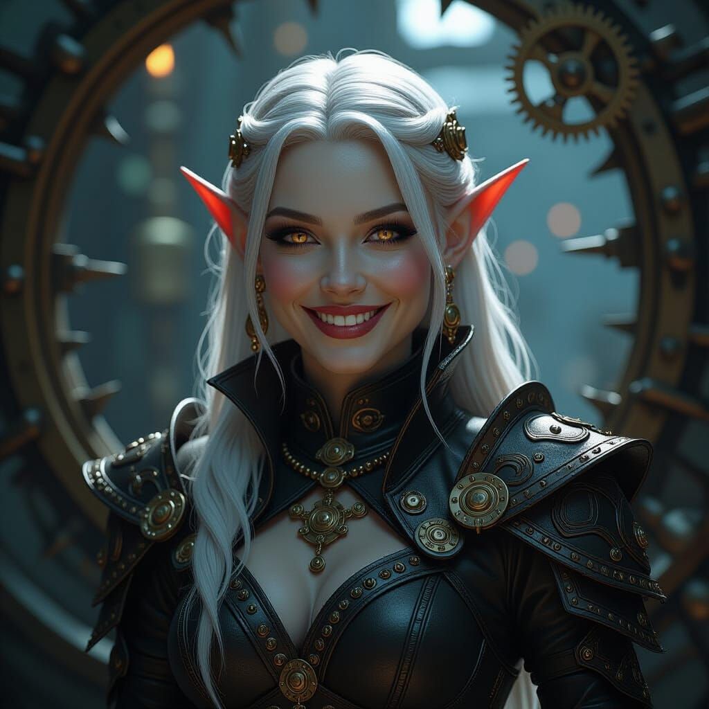 Drow Elf Smiles Amidst Whirring Brass Machinery