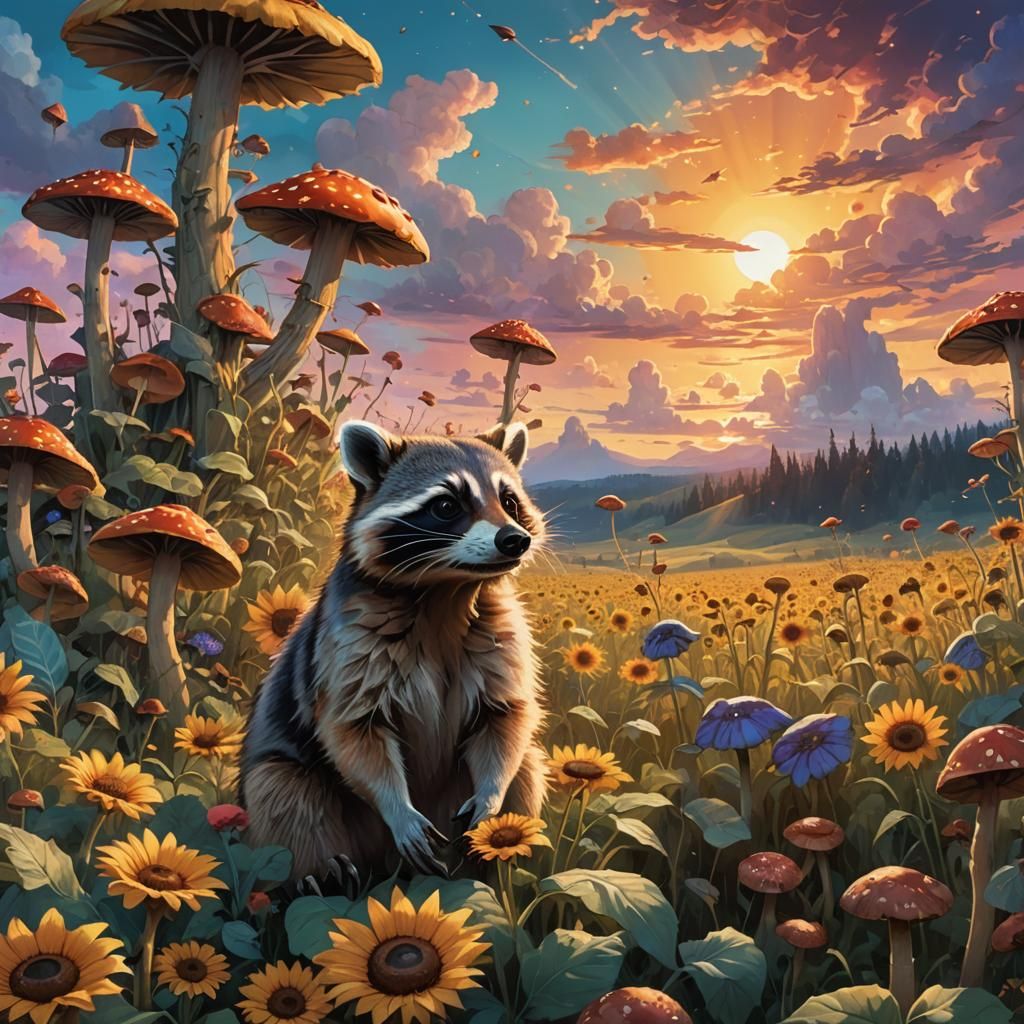 Raccoon in Psychedelic Sunflower Field at Sunset