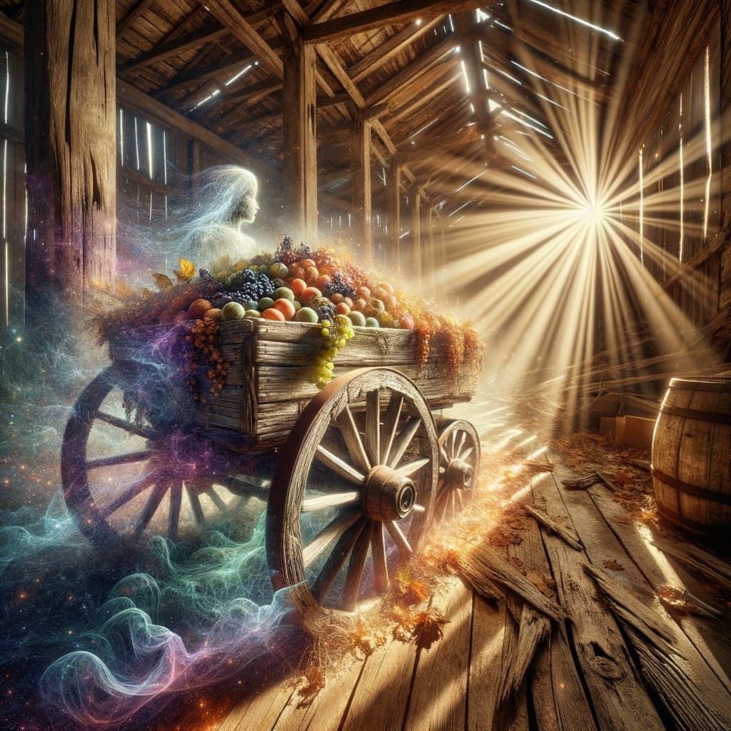 Double Exposure of Harvest Cart and Abandoned Barn