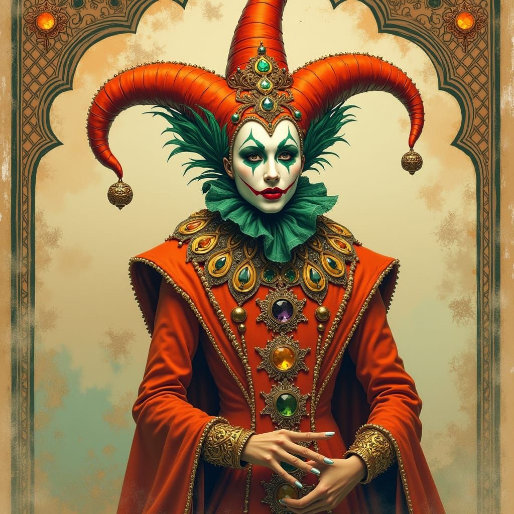 Ornate Fantasy Jester in Expressive Watercolor Style