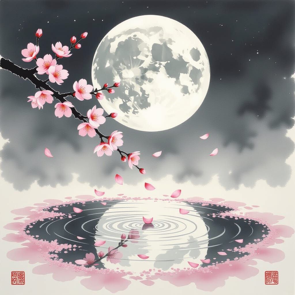 Moonlit Cherry Blossoms in Ukiyo-e Japanese Style