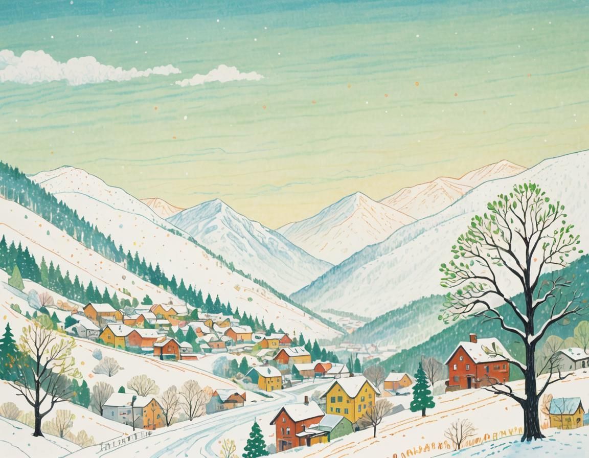 Colorful Crayon Drawing of Winter Valley Town