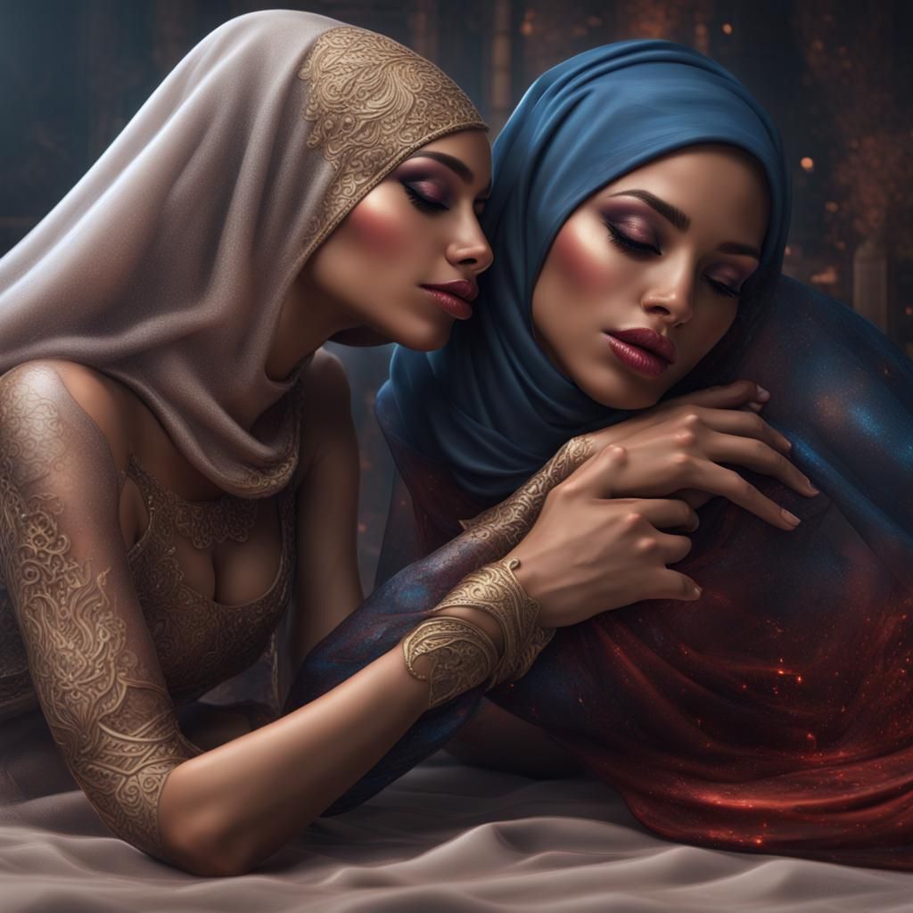 Lesbian Hijabi Women Cuddling: Detailed Matte Painting