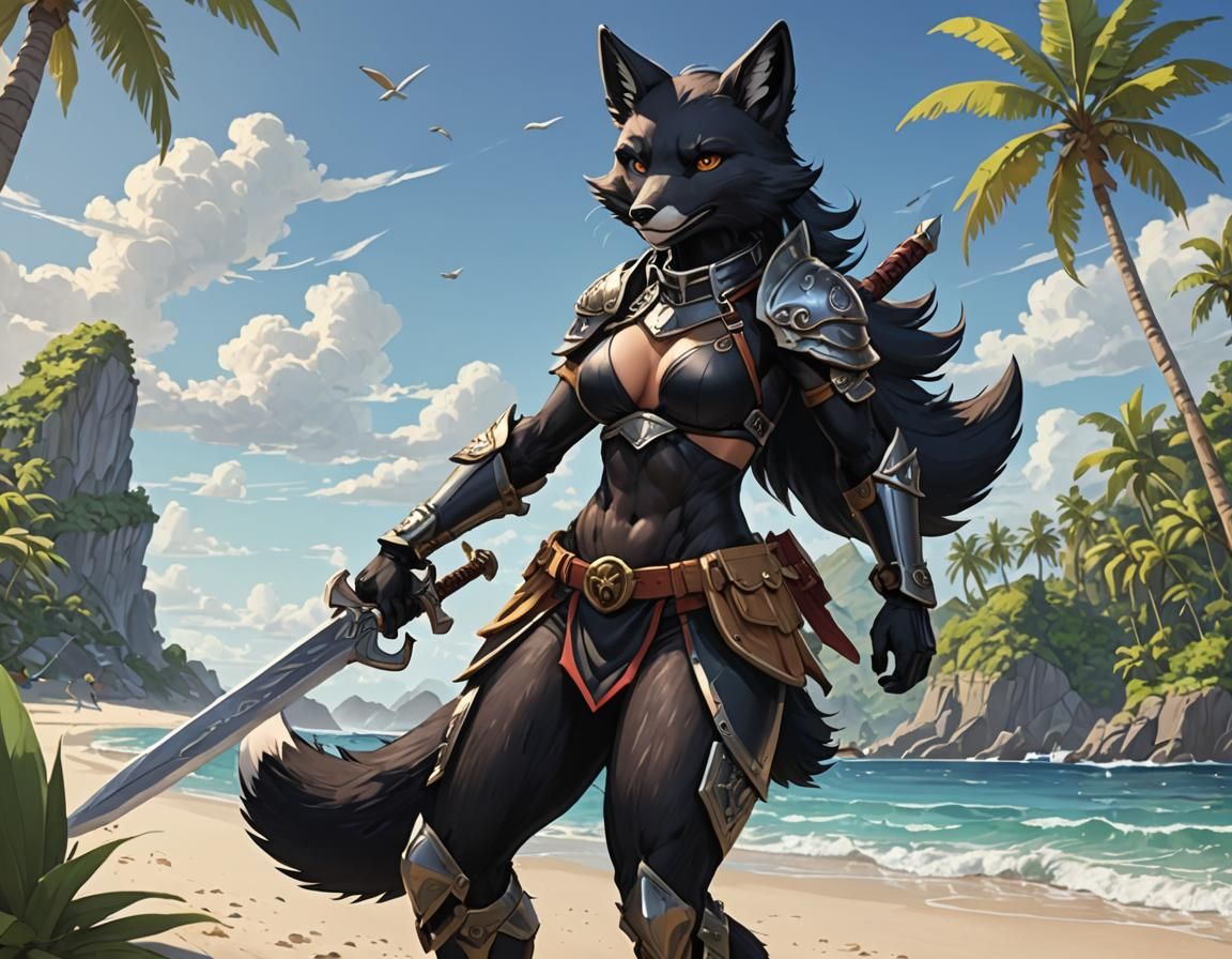 Fox Girl Warrior on Beach in Anime Style