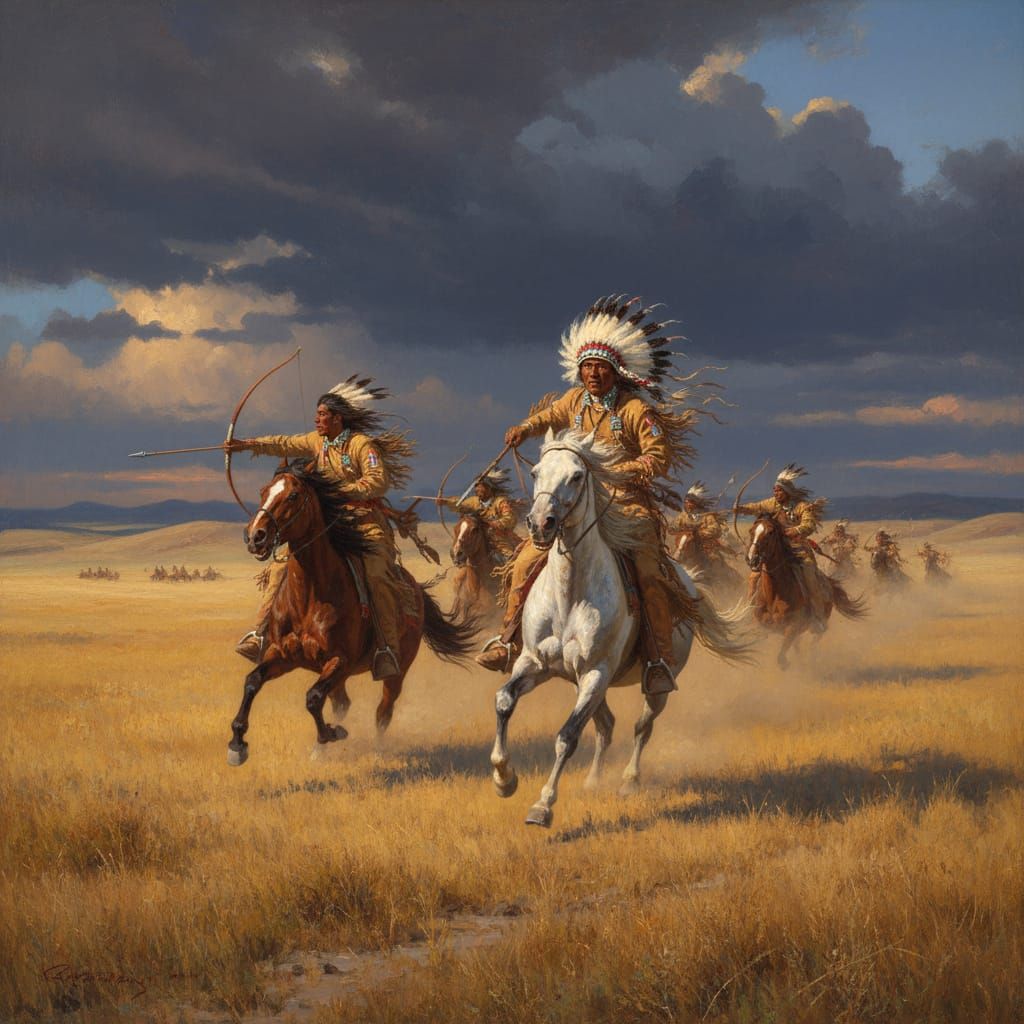 Native American Warriors on Horseback Chase in Oil Painting ...