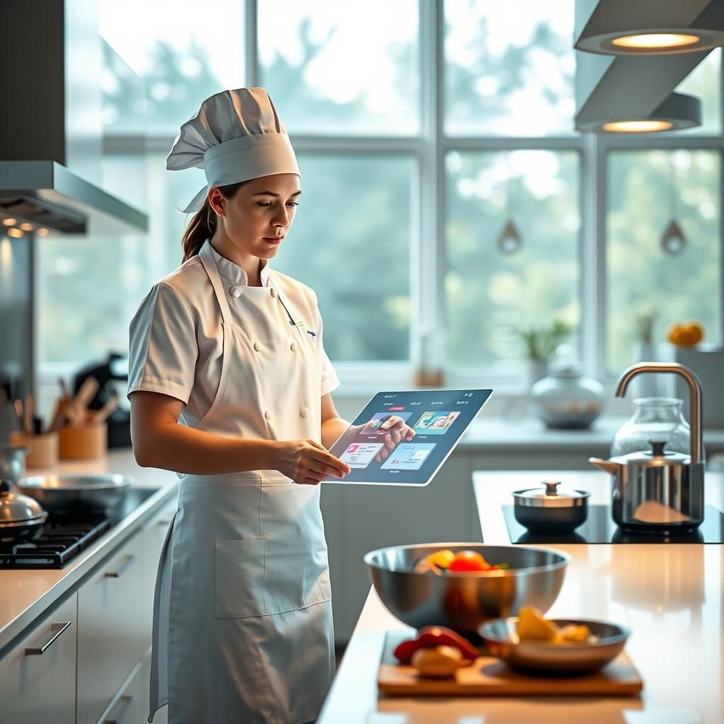 Futuristic Chef in High-Tech Kitchen with Recipes