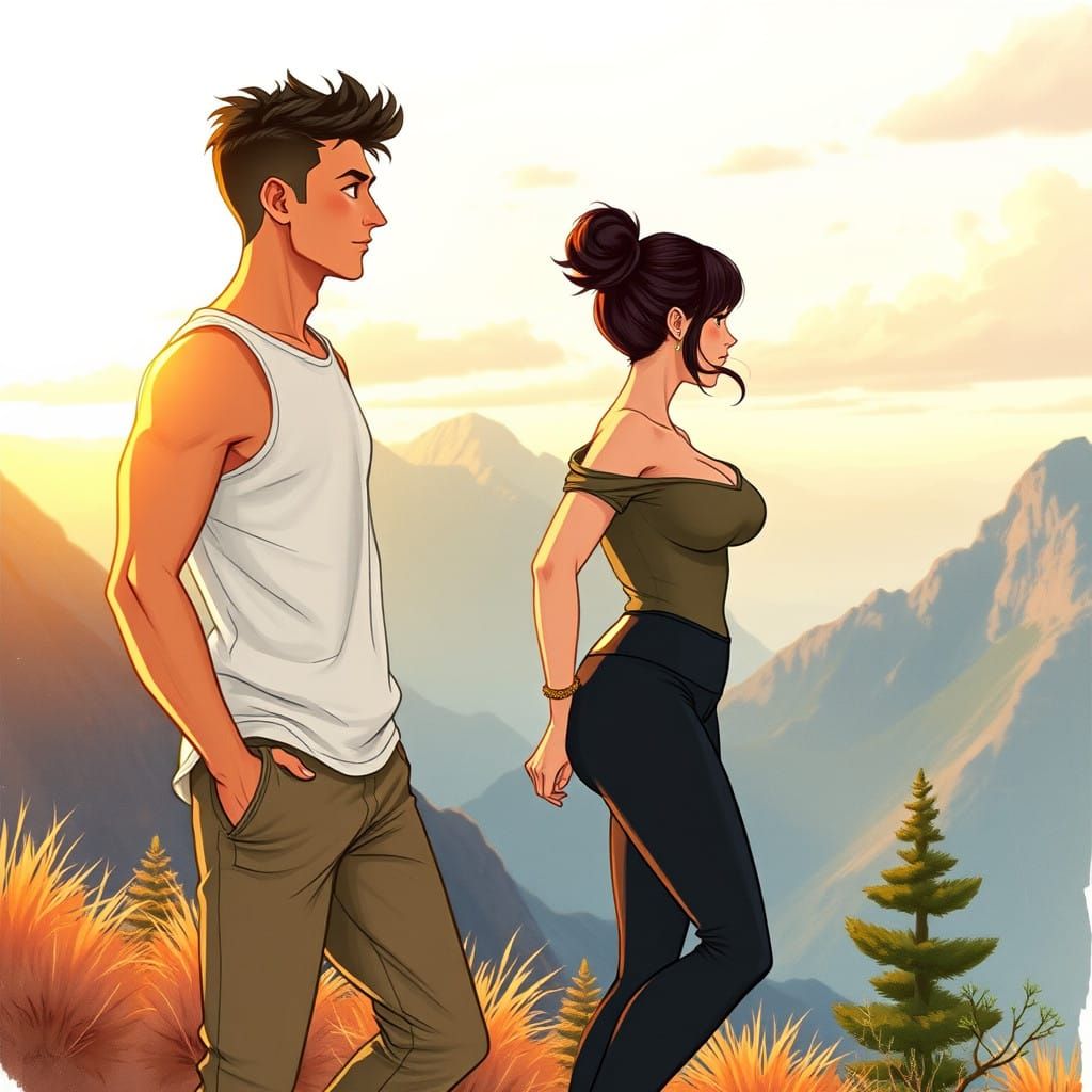 Chiseled Hiker Admires Sunset with Curvy Companion in Breath...