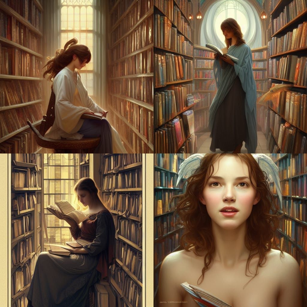 Angel Portrait in Bookshop, Hyperdetailed Art