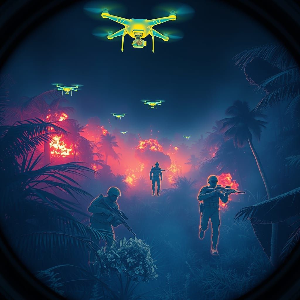 Surreal Nighttime Battlefield Scene in Thermal Imaging Style