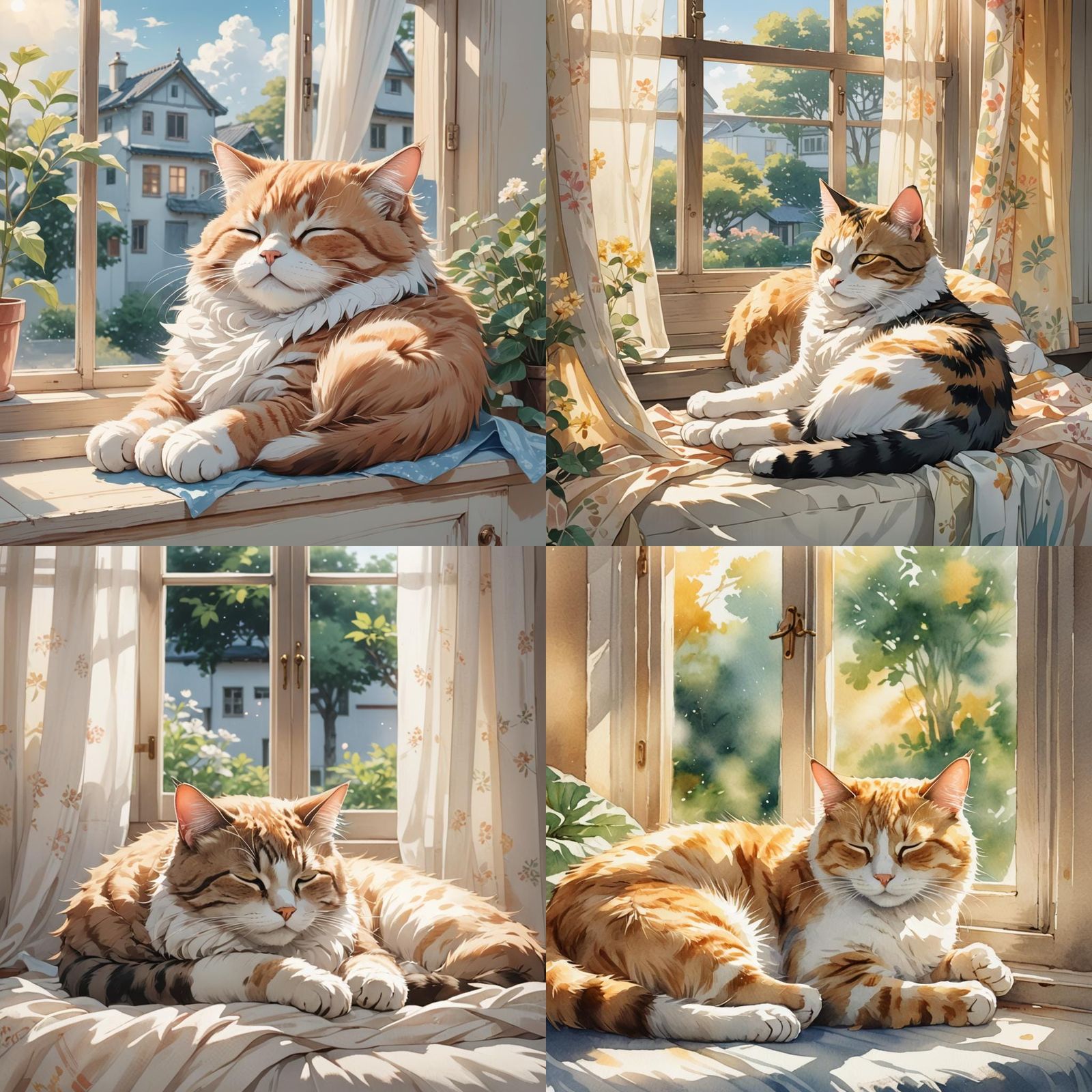 Cat Sleeping at Window in Anime Style