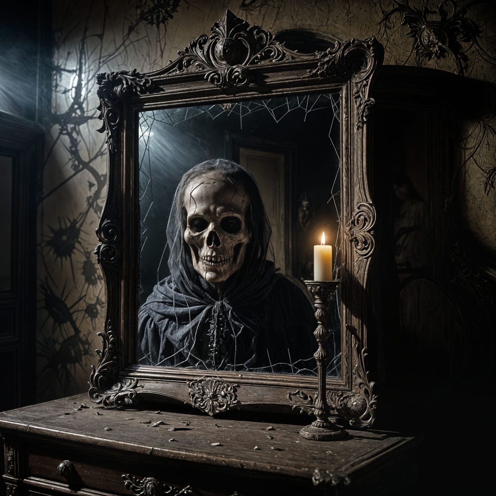 Haunted Gothic Mirror Reflects a Terrifying Ghostly Face