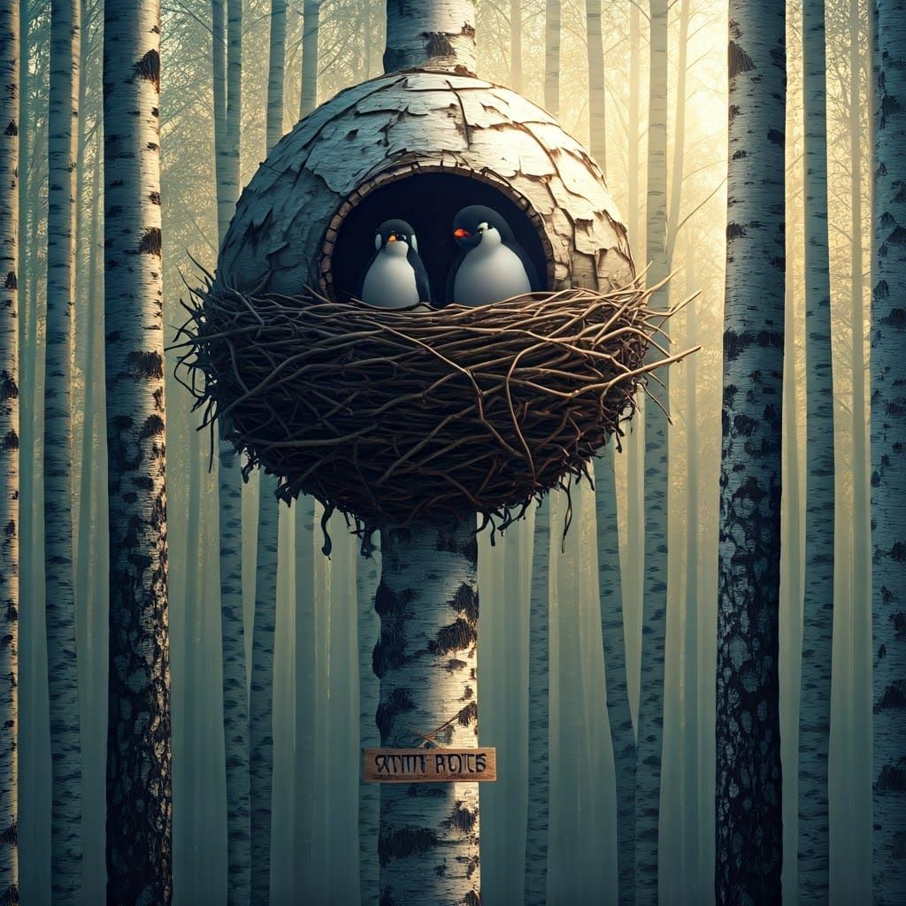 Surreal Forest Double Exposure with Penguin Igloo