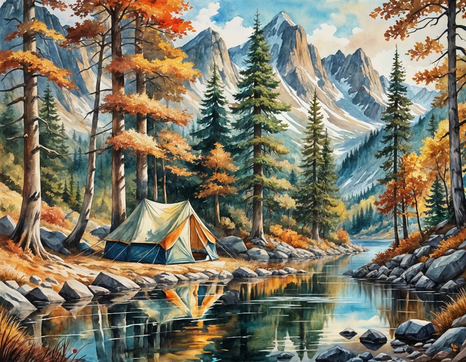 Autumn Tent in Woods: Watercolor Illustration