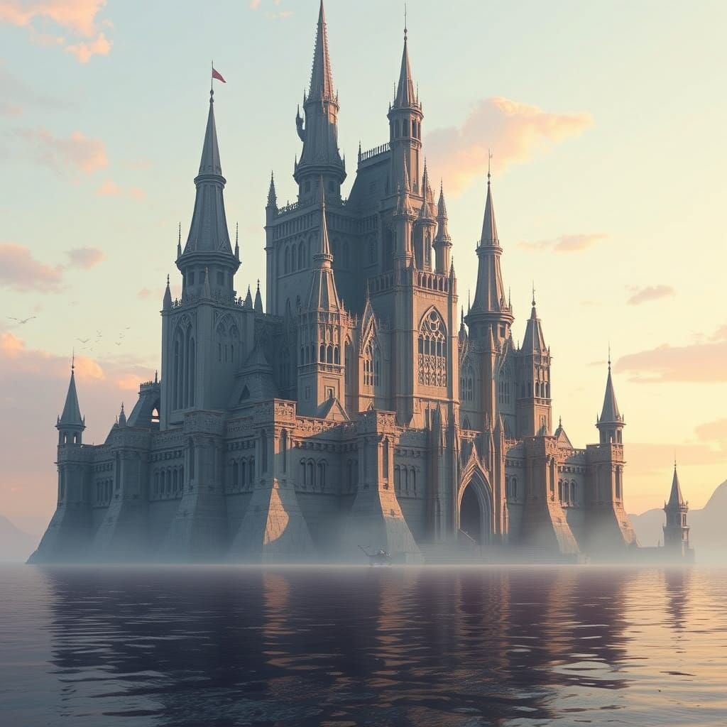 Majestic Futuristic Castle Amidst Serene Sunset Lake