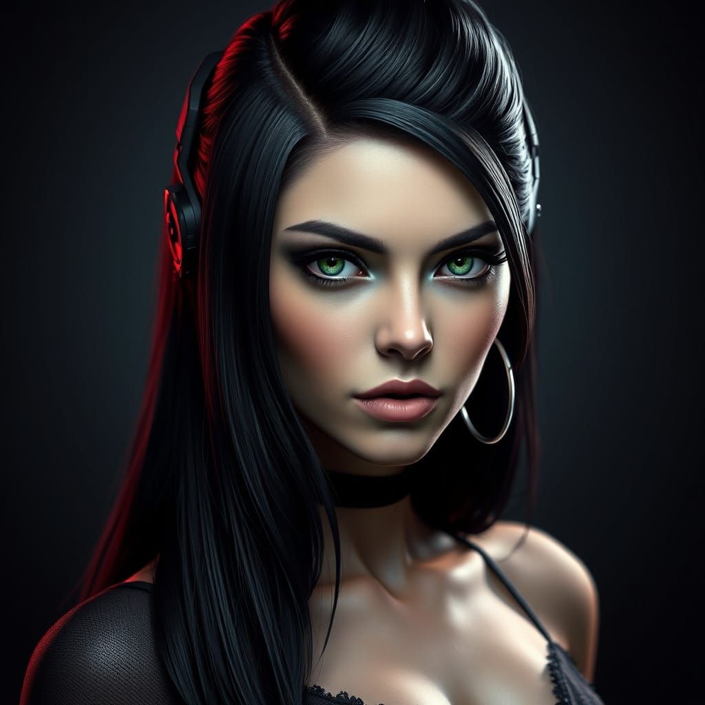 Cyberpunk Goddess with Emerald Eyes and Ebony Tresses
