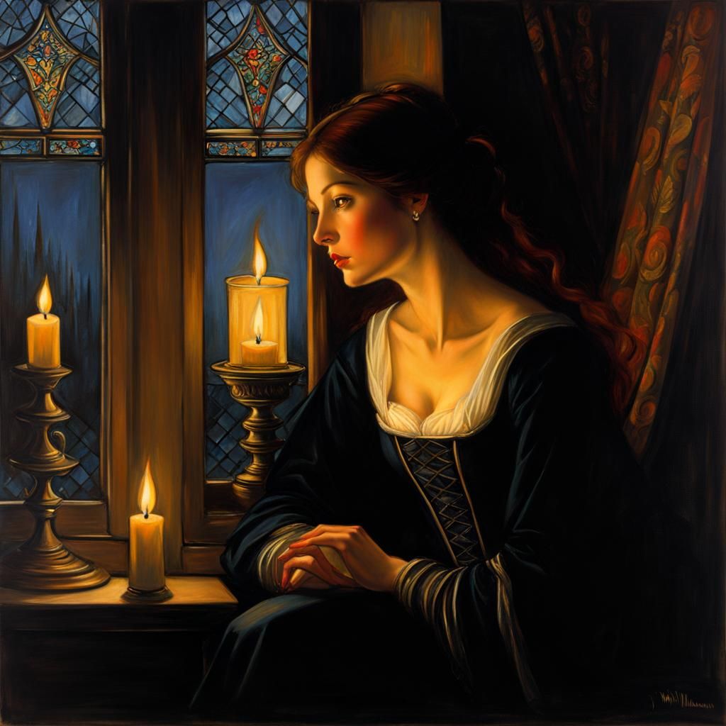 Medieval Maiden by Candlelight in Chiaroscuro Style