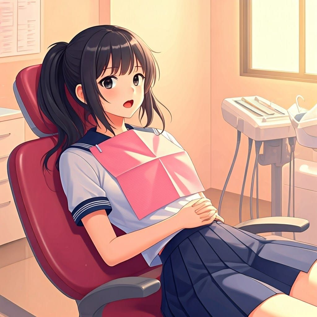 Teenage Girl in Dentist Chair, Anime Style