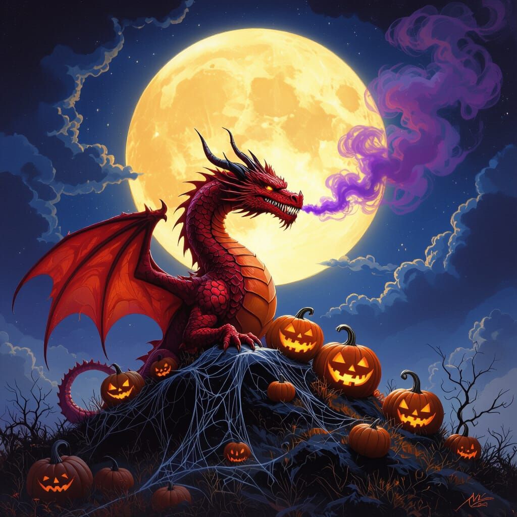 Majestic Red Dragon on Halloween Night