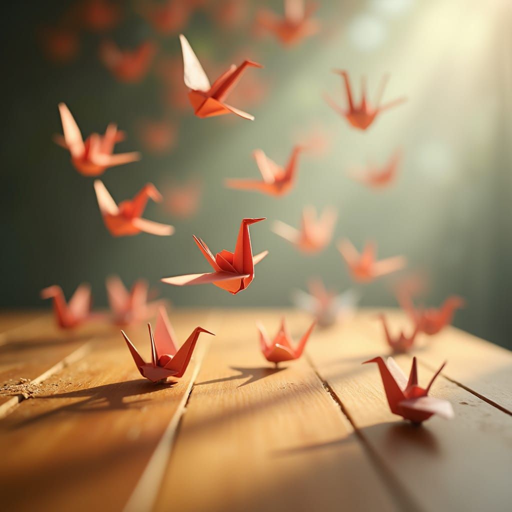 Ethereal Origami Cranes Dance Amidst Warm Wood Grain