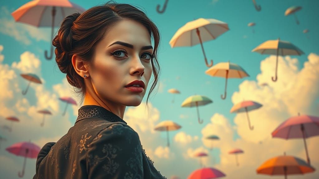 Surreal Dreamscape: Woman in Magritte-Inspired Scene