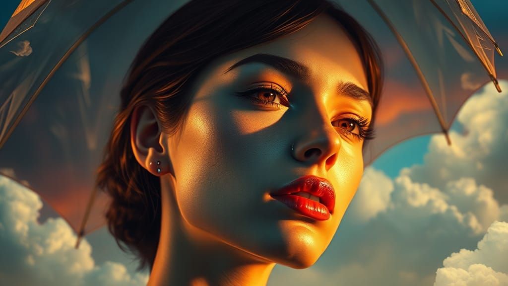 Surreal Woman with Umbrellas in Dreamlike Magritte Style