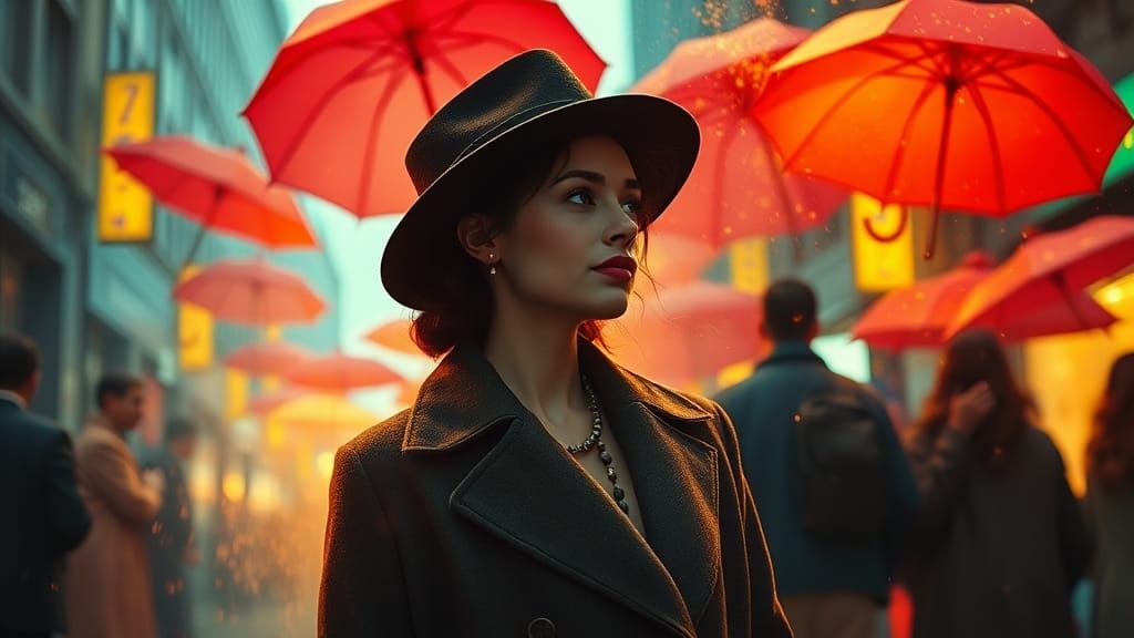 Surreal Cityscape with Floating Umbrellas: Magritte-Inspired...