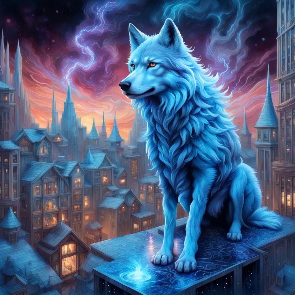 Epic Blue Fire Wolf in Magical Techno City