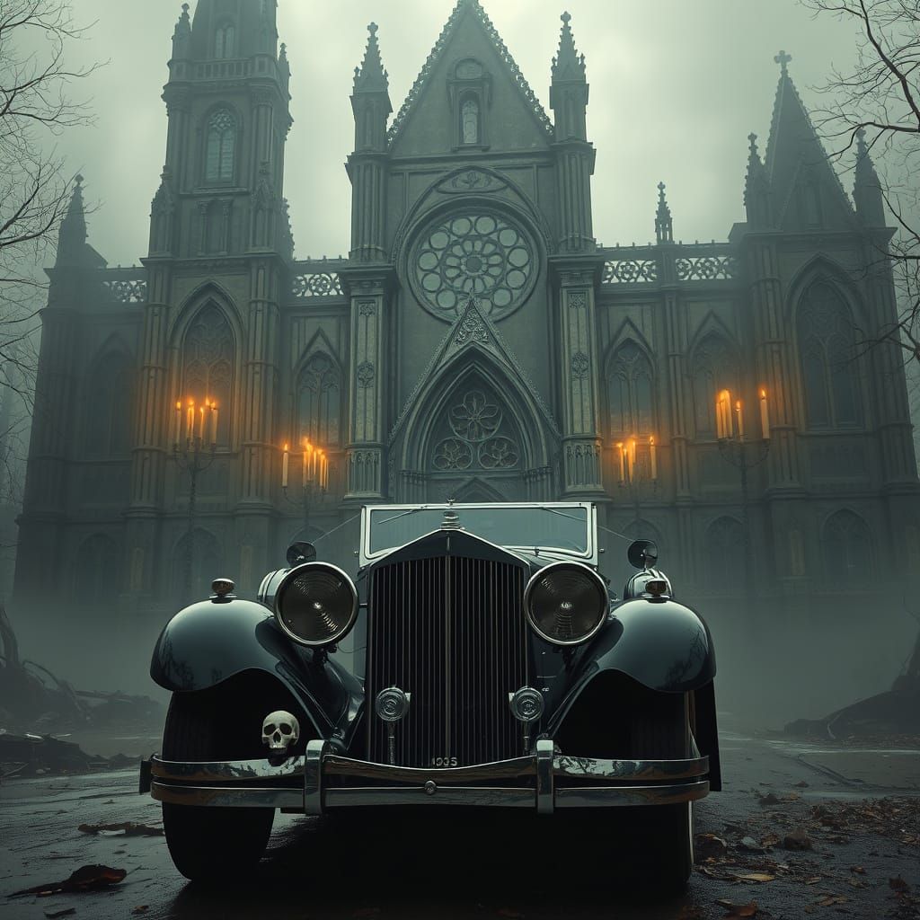 1930s Duesenberg and Gothic Cathedral in Dark Fantasy
