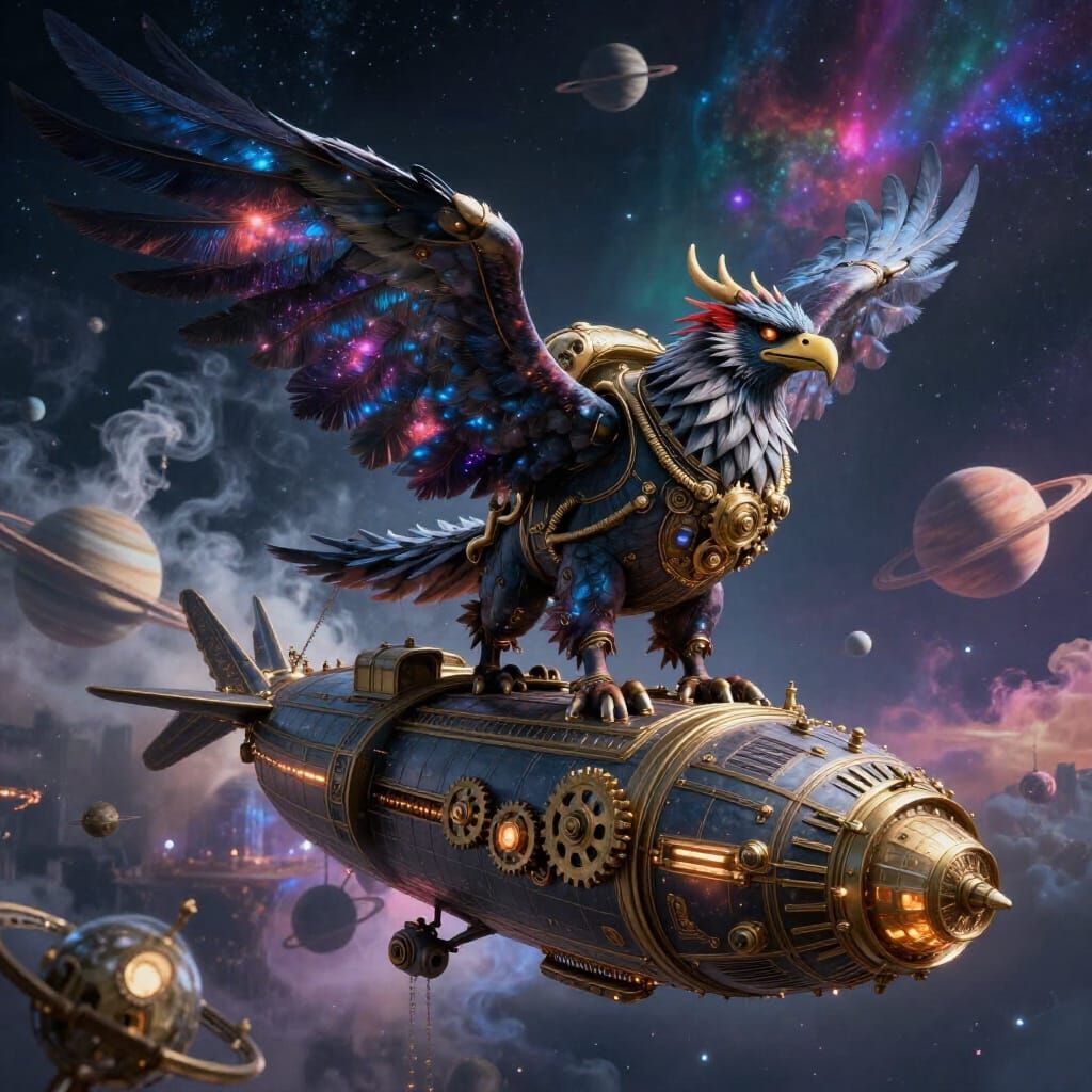 Griffin Captain in Steampunk Airship Through Cosmic Nebula