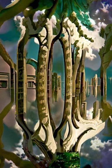 Trees Orbiting Sun in Art Deco Style