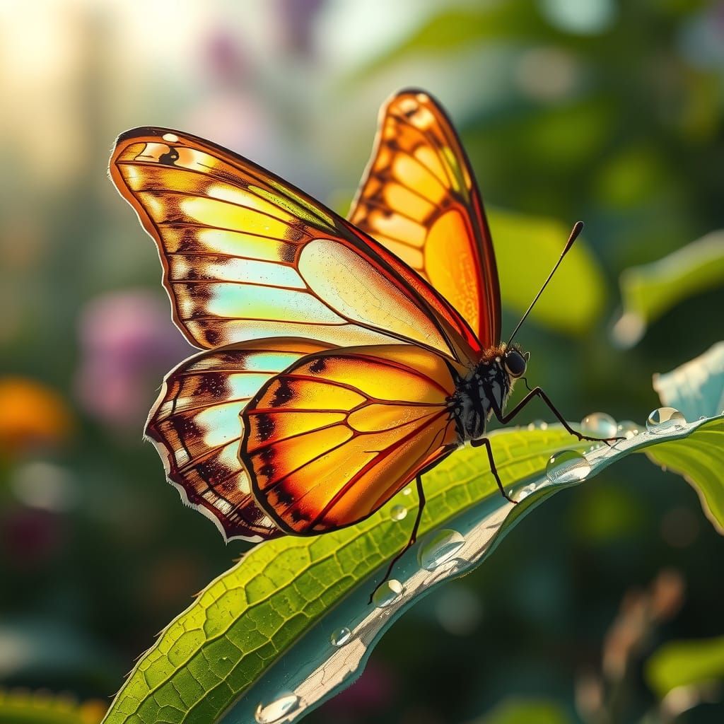 Butterfly on Dew-Kissed Leaf: Photorealistic Digital Paintin...